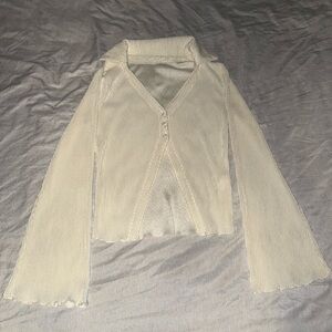 Cream Ribbed Bell Long Sleeve Blouse